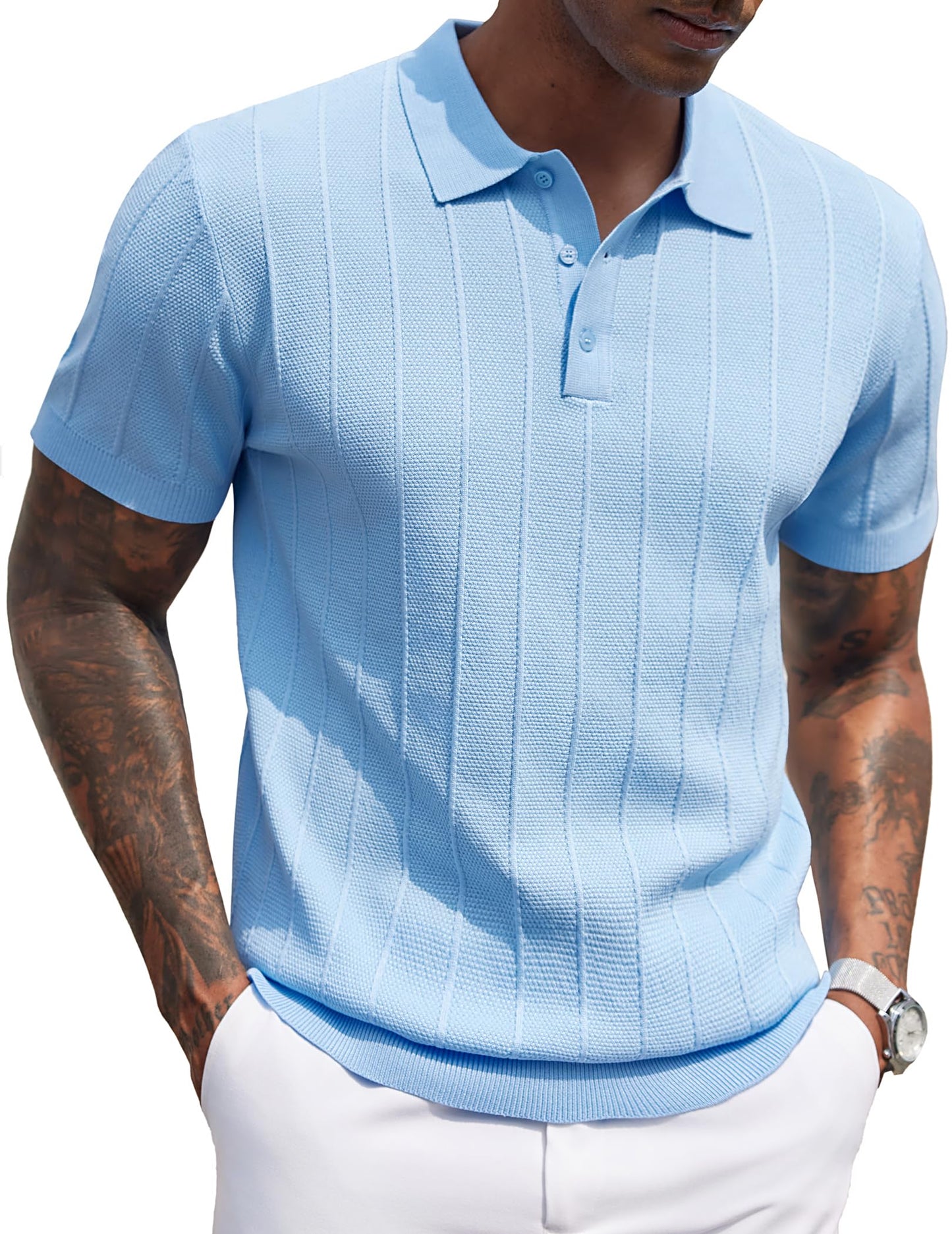 HOTCOOFANDY Mens Knit Polo Shirts Short Sleeve Ribbed Textured Polo Shirt Lightweight Casual Golf Shirts Collared T Shirt