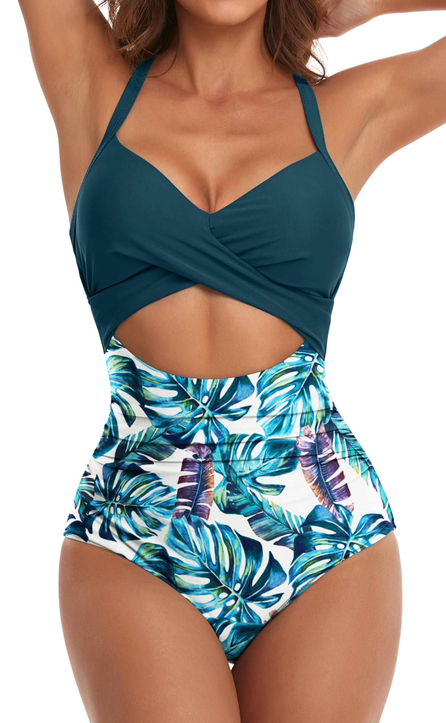 HOTEomenie Women's Tummy Control One Piece Swimsuit Cutout Bathing Suit | High Waisted,Tie Back,Wrap Front,Adjustable Straps,Soft Removable Cups,Slimming,Monokini for Beach Vacation,Pool Side