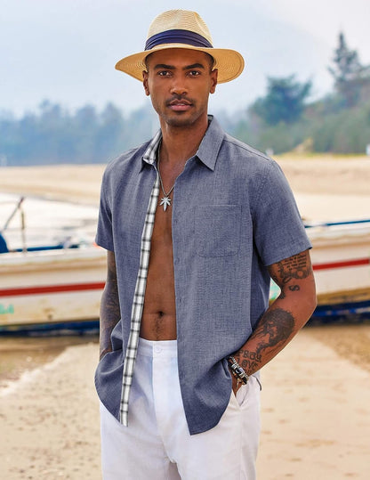 HOTCOOFANDY Men's Button Down Shirts Short Sleeve Casual Summer Beach Vacation Wedding Shirt with Pocket