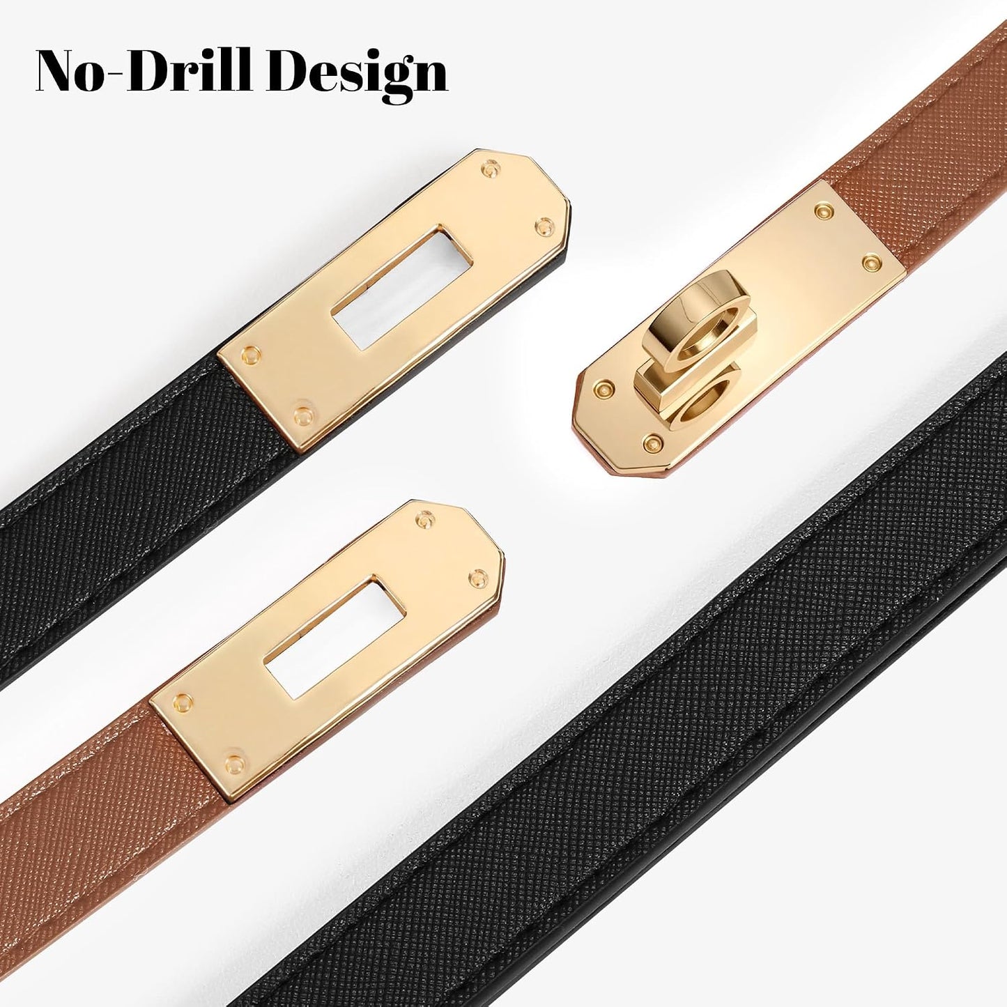 HOT2 Pack Women Skinny Leather Belt for Dresses Jeans Solid Color Alloy Turn Lock