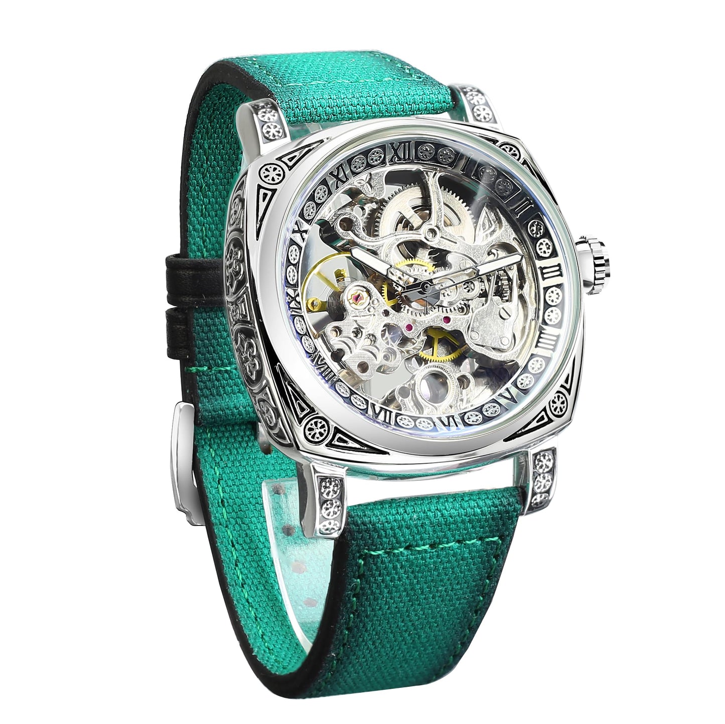 HOTFORSINING Watches for Man, Square Retro Mechanical Watch Self-Wind Carved, Skeleton Automatic Watches Vintage Leather Strap Wristwatch