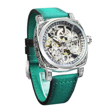 HOTFORSINING Watches for Man, Square Retro Mechanical Watch Self-Wind Carved, Skeleton Automatic Watches Vintage Leather Strap Wristwatch