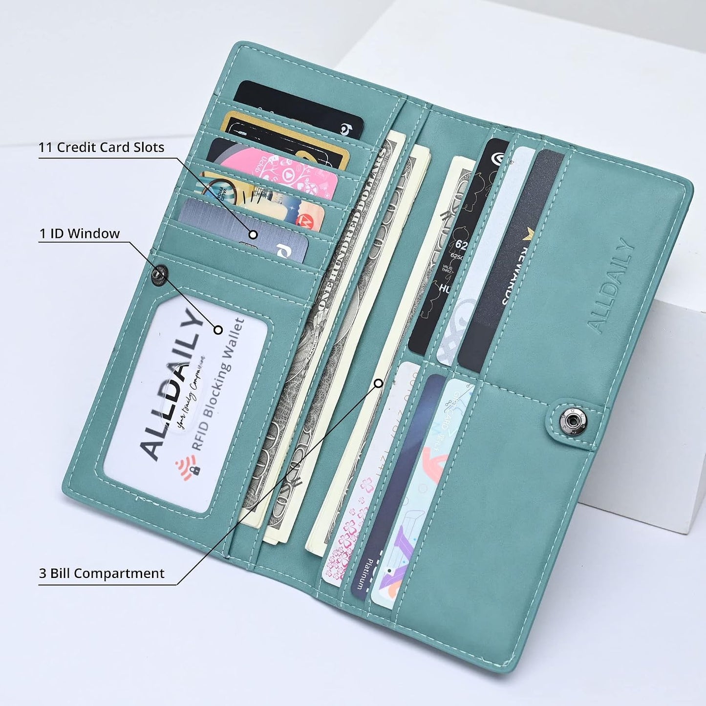 HOTAlldaily Ultra Slim Thin Women Wallet RFID Blocking Credit Card Holder Bifold Long Ladies Billfold (Purist Blue)