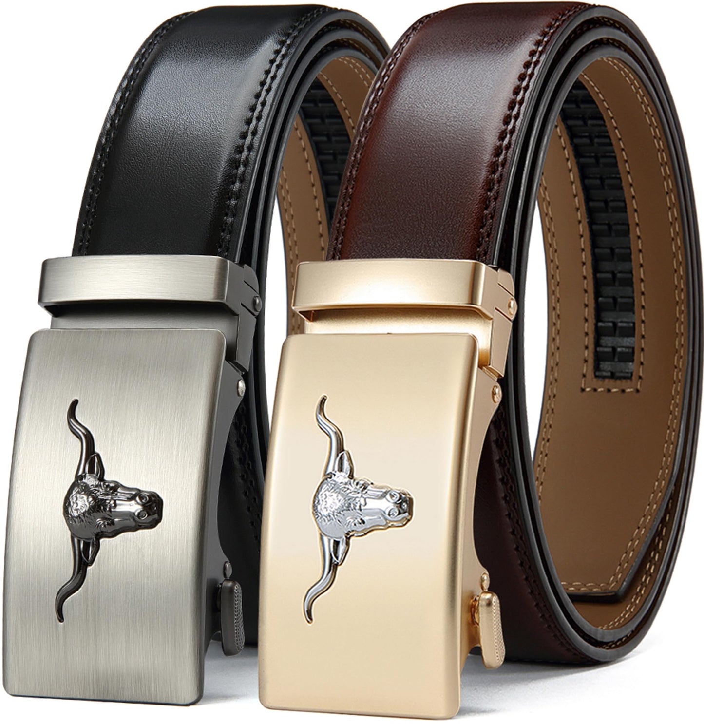 HOTDOOPAI Men's Leather Ratchet Belts 2 Pack Adjustable Click Belt Set for Dress & Casual, Custom Fit 1 3/8" (35mm) -Trim to Fit