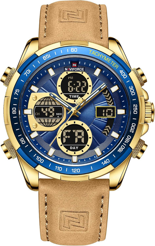 HOTNAVIFORCE Men's Military Digital Watches Analog Quartz Waterproof Watch Sport Multifunctional Leather Wristwatch