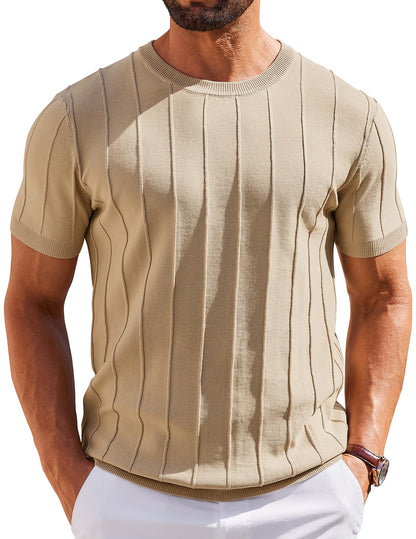 HOTCOOFANDY Men's T- Shirts Short Sleeve Knit Sweater Shirt Casual Crewneck Ribbed Pullover Tees
