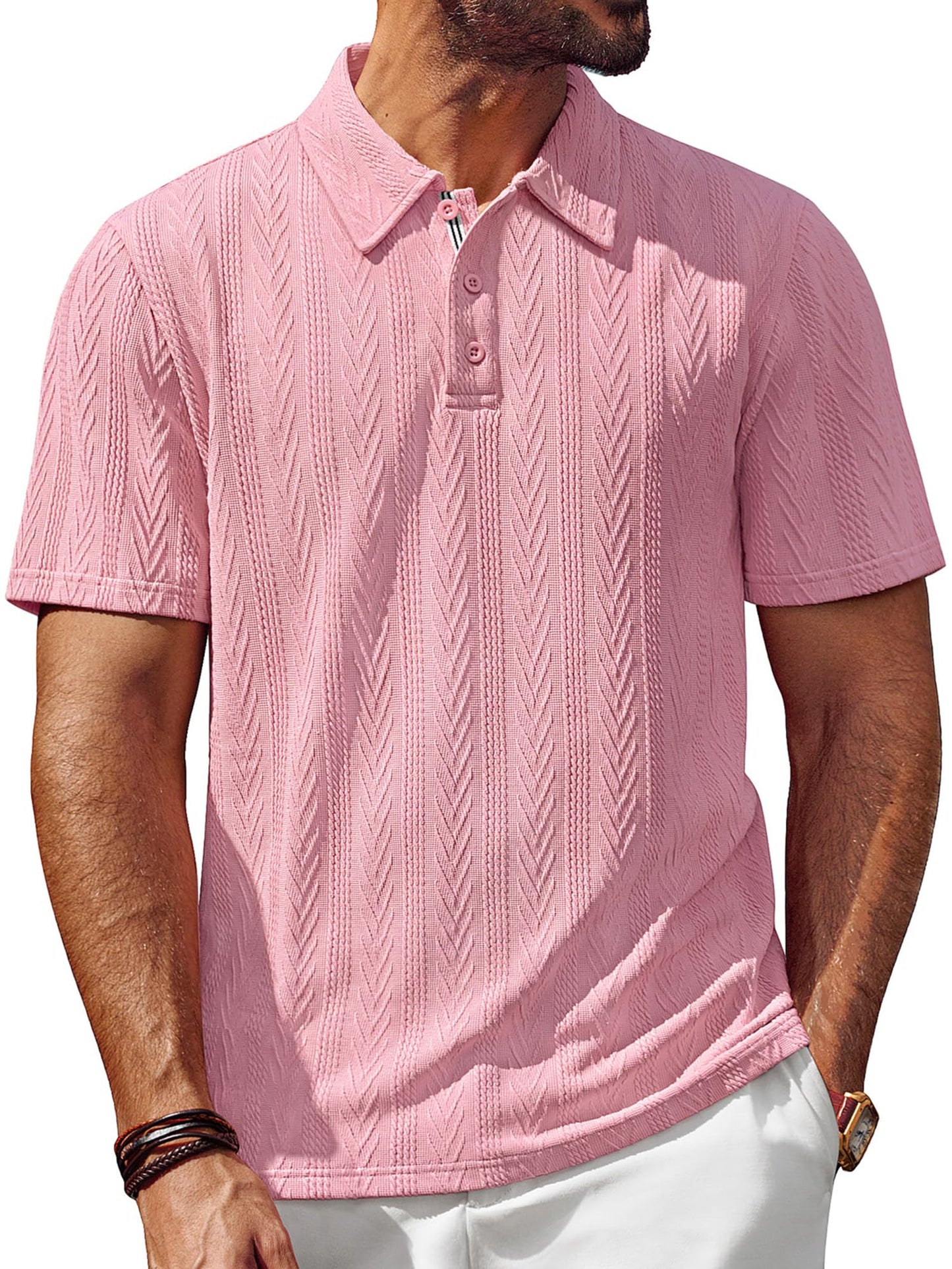HOTPJ PAUL JONES Mens Polo Shirts Short Sleeve Knit Polo | Textured Knit Polo Shirt, Contrast Striped Placket, Golf Collared, Regular Fit, Stretchy, Wrinkle-free, Breathable, Old Money
