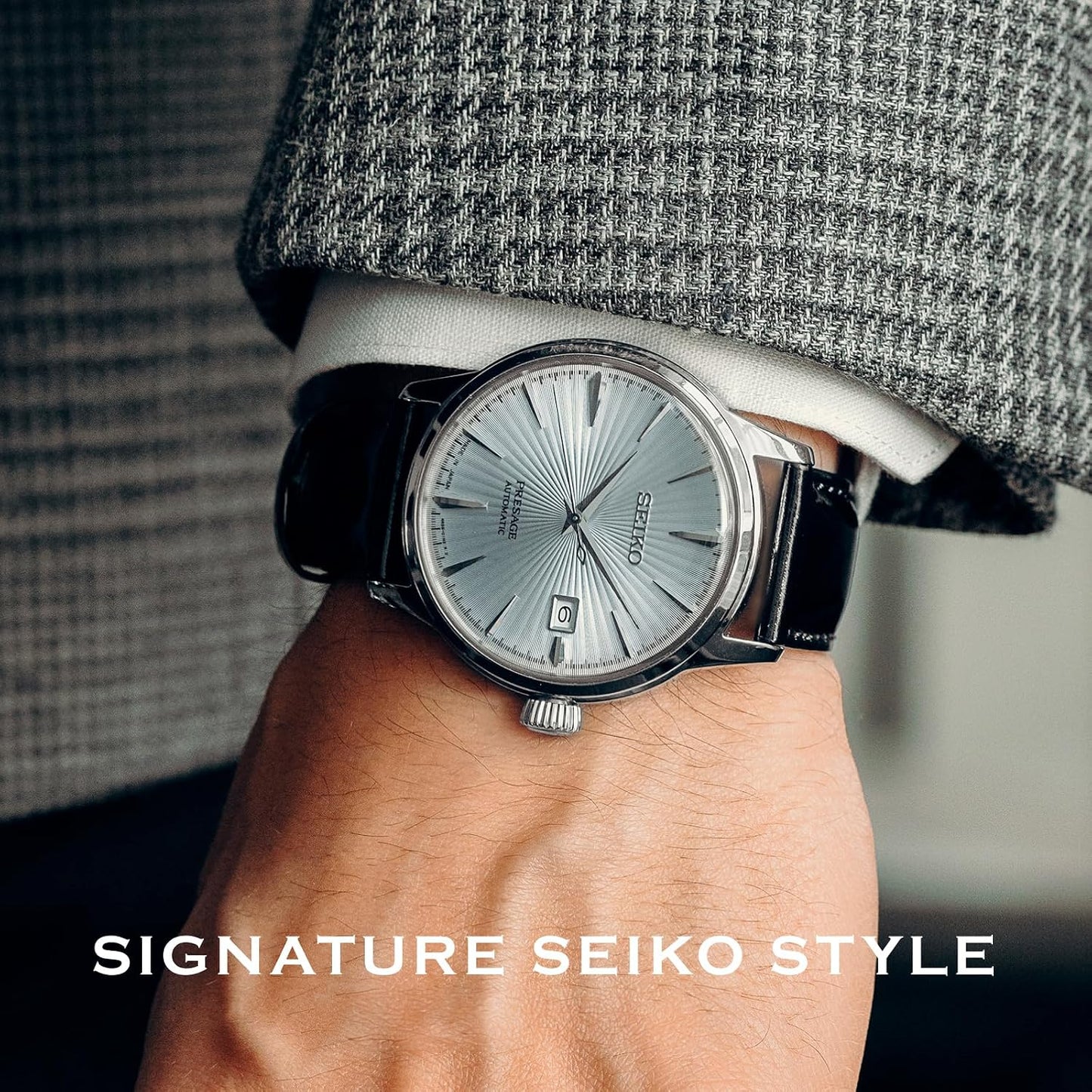 HOTSEIKO Presage Cocktail Time Automatic Watch for Men | Patterned & Gradated Dial, Golden Numerals and Date Calendar, 50m Water-Resistant, 41-Hour Power Reserve