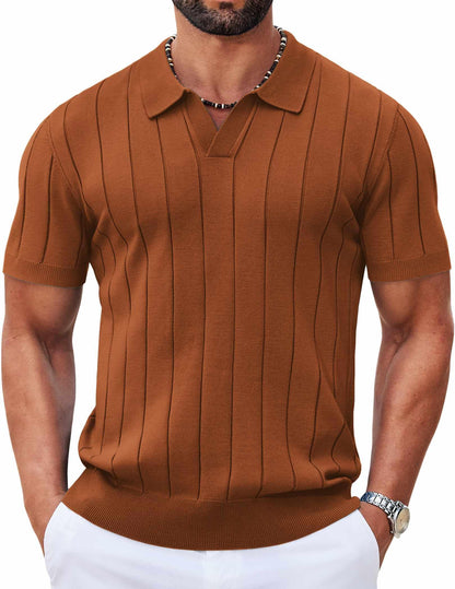 HOTCOOFANDY Mens Polo Shirts Short Sleeve V Neck Knit Shirts for Men Casual Old Money Clothes Mens Golf Shirt