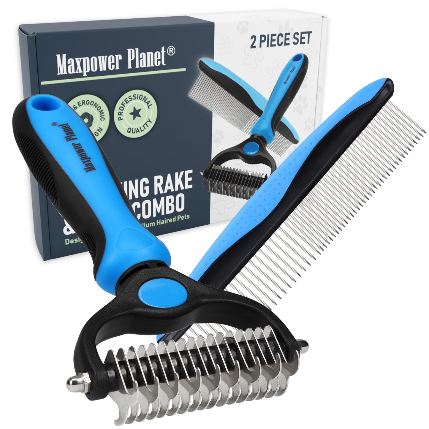 HOTMaxpower Planet Original Pet Grooming Rake - Double-Sided Deshedding Dematting Tool, Undercoat Rake for Dogs & Cats, Extra-Wide Dog Grooming Brush & Deshedder Comb for Long Hair, Reduces Shedding 95%