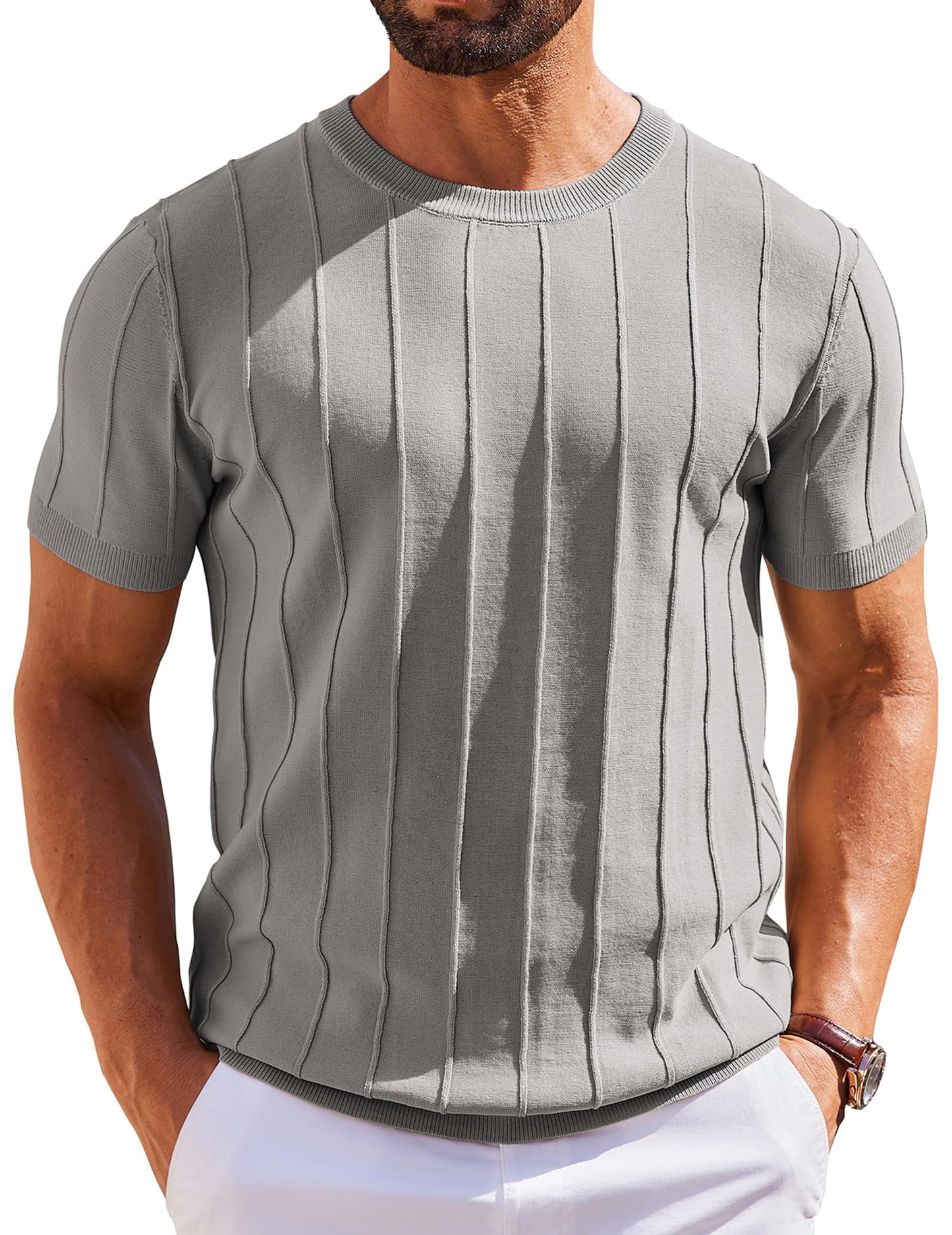 HOTCOOFANDY Men's T- Shirts Short Sleeve Knit Sweater Shirt Casual Crewneck Ribbed Pullover Tees