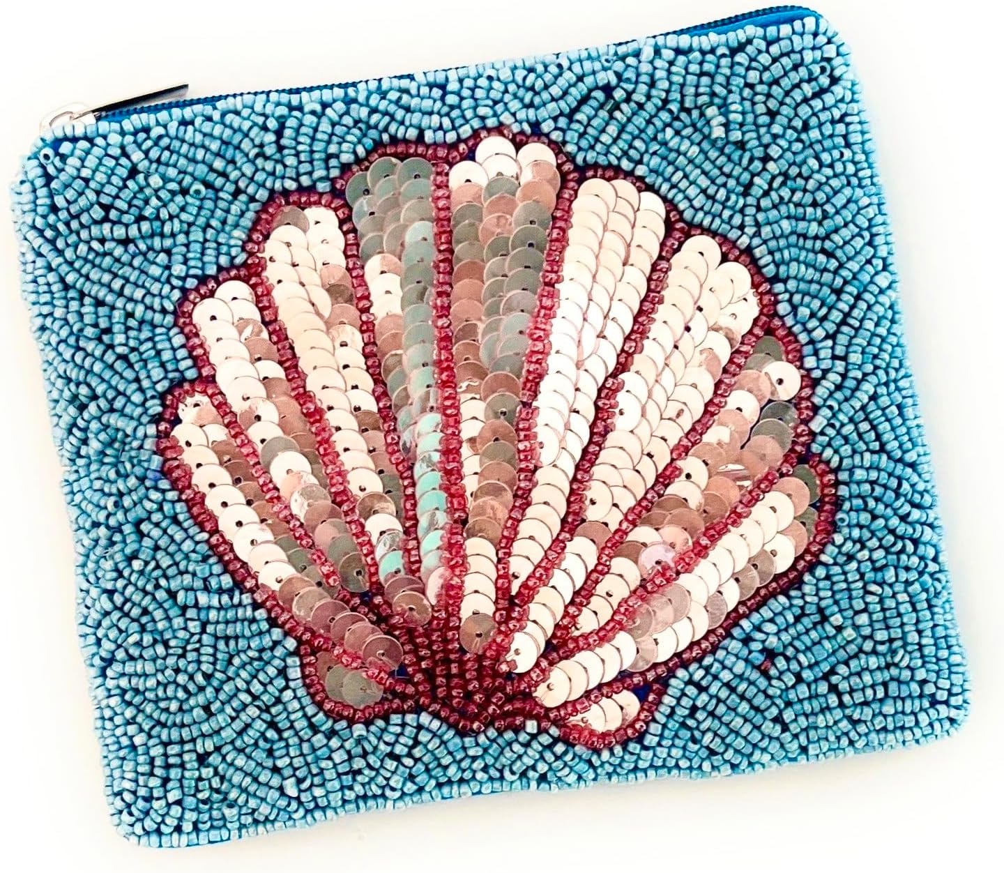 HOTSeashell Beaded Pouch Purse, Blue Beaded Purse Pouch, Beach Lover Coin Purse, Small Wallets for Her, Birthday Gift, Gift Card Bag