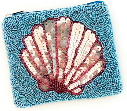 HOTSeashell Beaded Pouch Purse, Blue Beaded Purse Pouch, Beach Lover Coin Purse, Small Wallets for Her, Birthday Gift, Gift Card Bag