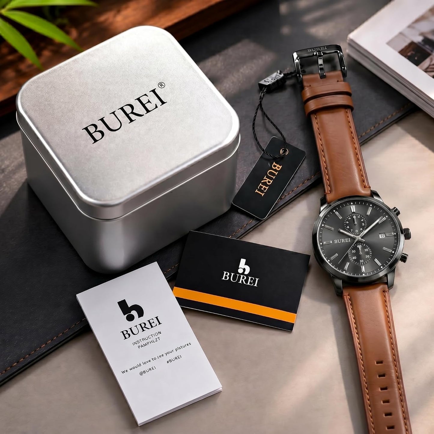 HOTBUREI Men's Leather Watches Chronograph Quartz Watches for Men Classic Cool Lightweight Wristwatch,Gift for Dad Husband Boyfriend