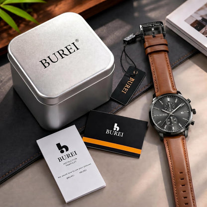 HOTBUREI Men's Leather Watches Chronograph Quartz Watches for Men Classic Cool Lightweight Wristwatch,Gift for Dad Husband Boyfriend