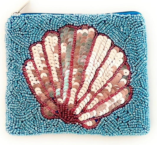HOTSeashell Beaded Pouch Purse, Blue Beaded Purse Pouch, Beach Lover Coin Purse, Small Wallets for Her, Birthday Gift, Gift Card Bag