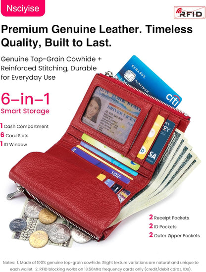 HOTNsciyise Premium Leather Wallet for Women, Red | Multi-Slot Card Holder, RFID Blocking Protection, ID Window, Zipper Coin Purse, Trifold Genuine Cowhide