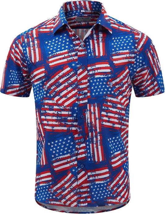 HOTENVMENST Men's American Flag Button Down Shirts Casual Short Sleeve Patriotic Hawaiian Shirt