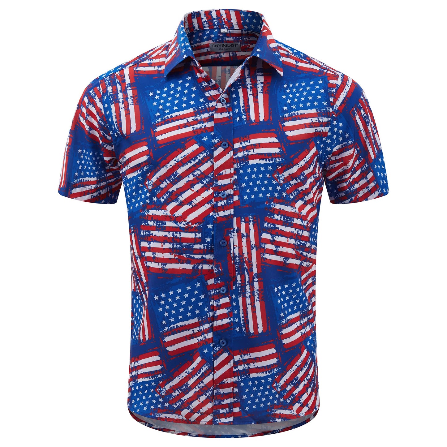 HOTENVMENST Men's American Flag Button Down Shirts Casual Short Sleeve Patriotic Hawaiian Shirt