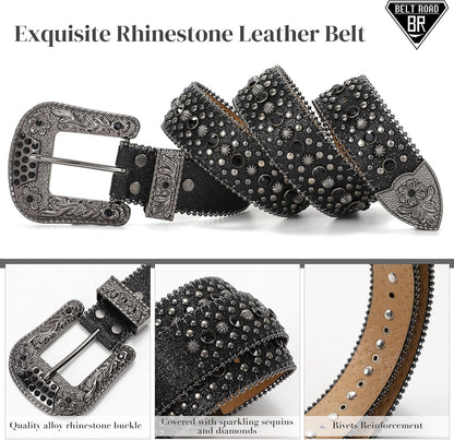 HOTBELTROAD Rhinestone Belt Goth Bling Belts for Women and Men Western Cowboy Cowgirl Belts for Jeans, Halloween Belt