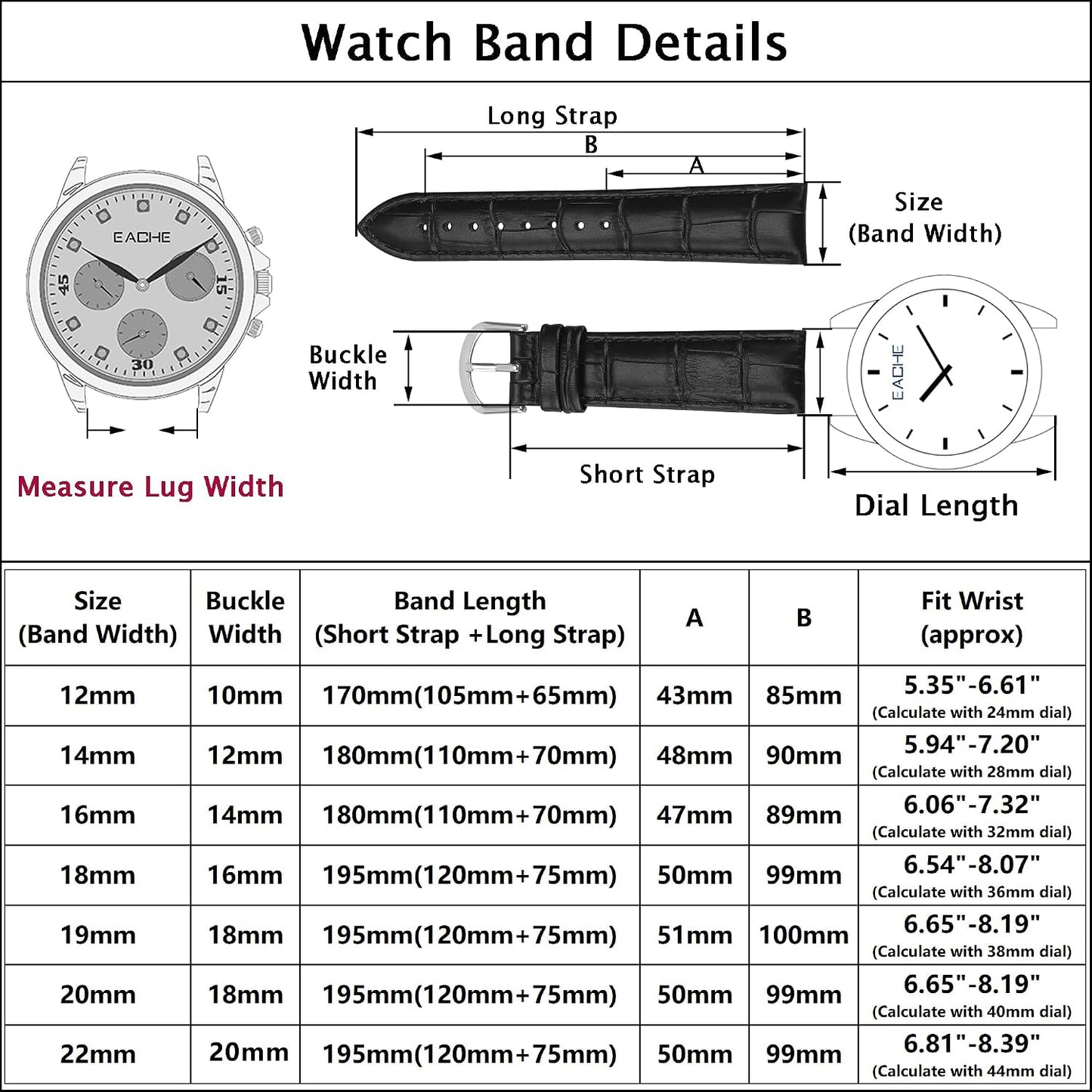 HOTEACHE Croco Design Leather Watch Bands, Classical Leather Watch Straps For Women&Mens Waterproof 12mm 14mm 16mm 18mm 19mm 20mm 22mm