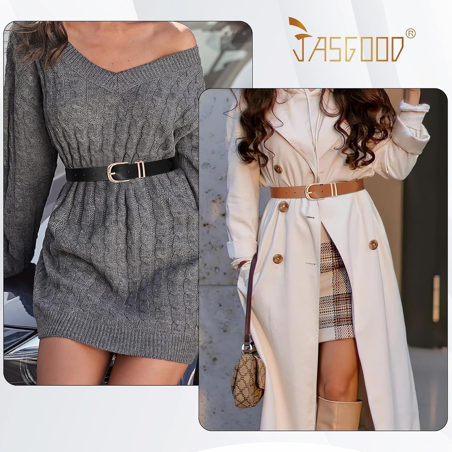HOTJASGOOD 3 Pack Women Leather Belts For Jeans Dresses Pants Ladies Faux Leather Waist Belt with Gold Buckle