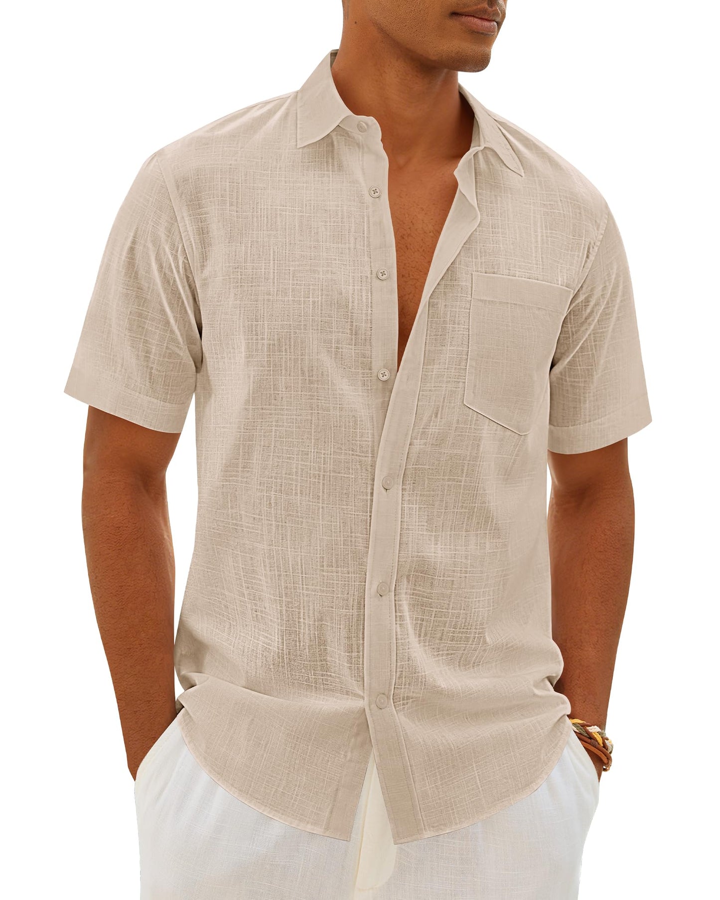 HOTMens Linen Textured Shirt Cotton Short Sleeve Summer Button Down Shirts | 100% Cotton, Linen-look Texture, Casual Wear, Breathable Feel, Lightweight, Untucked, Regular Fit, Beach, Vacation, Resort