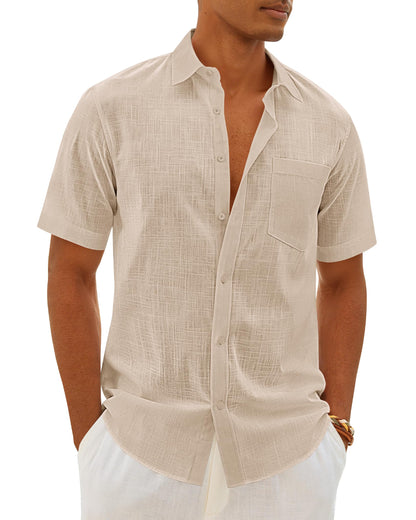 HOTMens Linen Textured Shirt Cotton Short Sleeve Summer Button Down Shirts | 100% Cotton, Linen-look Texture, Casual Wear, Breathable Feel, Lightweight, Untucked, Regular Fit, Beach, Vacation, Resort