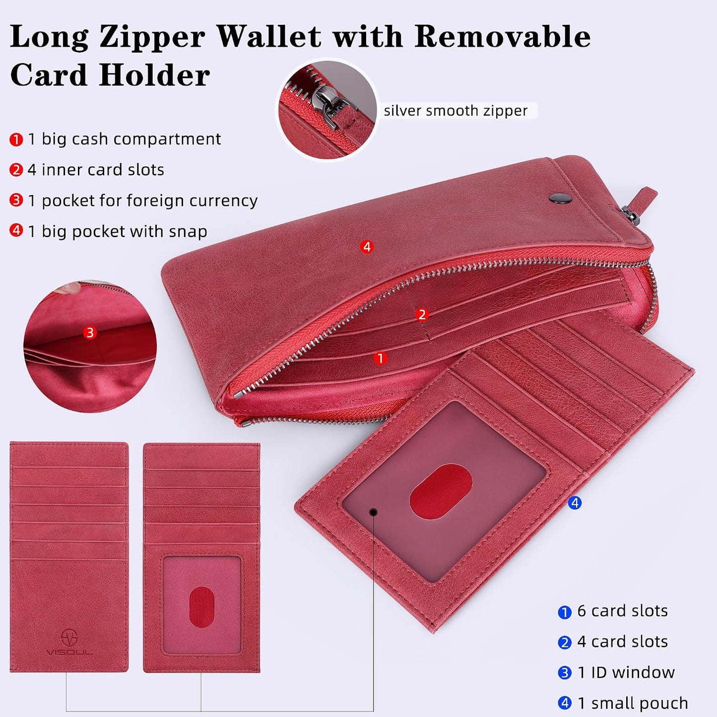 HOTVISOUL Long Zipper Cash Wallet for Women with Removable Credit Card Holder, Soft Genuine Leather Clutch Wallet-Light Red