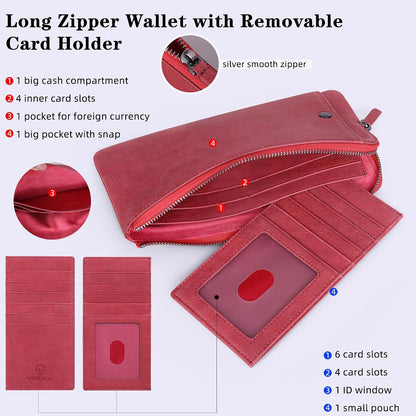 HOTVISOUL Long Zipper Cash Wallet for Women with Removable Credit Card Holder, Soft Genuine Leather Clutch Wallet-Light Red