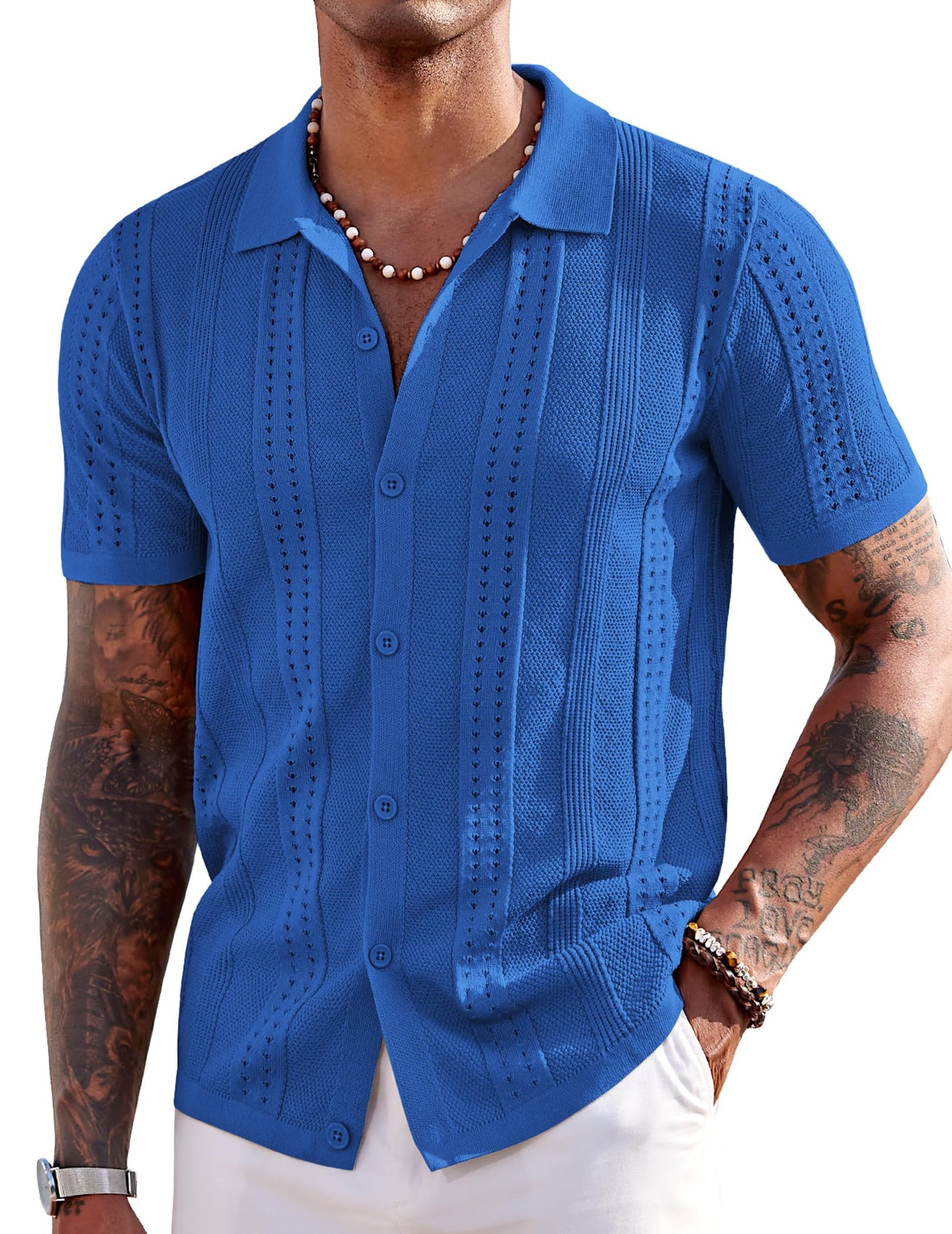 HOTCOOFANDY Men's Knit Shirts Short Sleeve Button Down Polo Shirt Fashion Casual Summer Beach Shirts