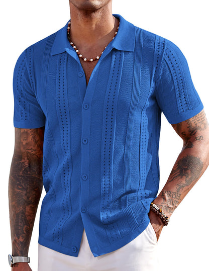 HOTCOOFANDY Men's Knit Shirts Short Sleeve Button Down Polo Shirt Fashion Casual Summer Beach Shirts