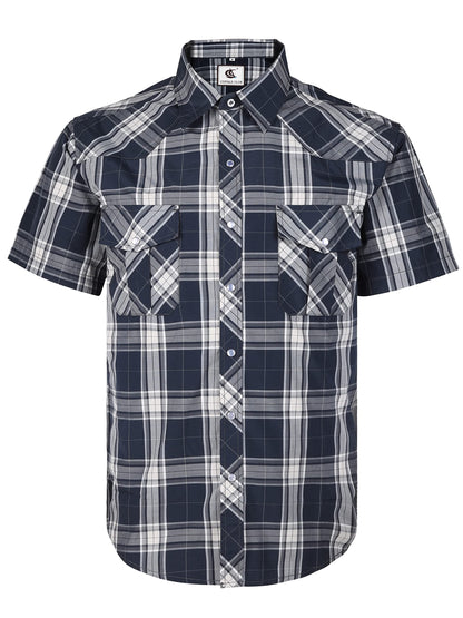 HOTCOEVALS CLUB Men's Western Cowboy Short Sleeve Pearl Snap Casual Plaid Work Shirts