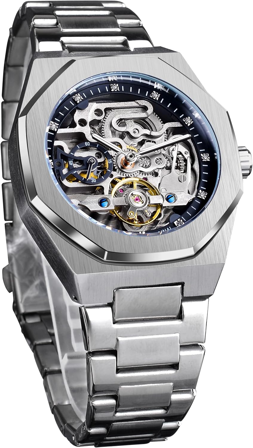 HOTFORSINING Vintage Watch for Men Engraved Automatic Self-Wind Mechanical Big Dial Luminous Moon Phase Golden Hollow Tattoo Pattern Wrist Watches, Mechanical