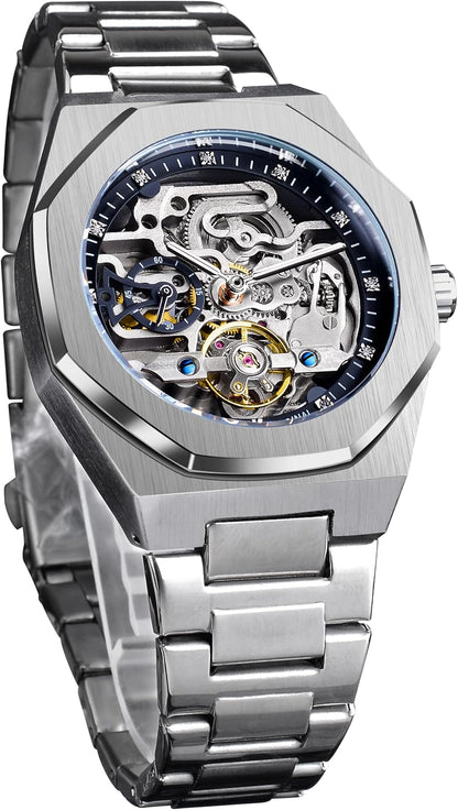 HOTFORSINING Vintage Watch for Men Engraved Automatic Self-Wind Mechanical Big Dial Luminous Moon Phase Golden Hollow Tattoo Pattern Wrist Watches, Mechanical