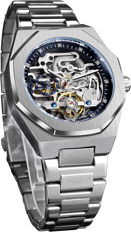 HOTFORSINING Vintage Watch for Men Engraved Automatic Self-Wind Mechanical Big Dial Luminous Moon Phase Golden Hollow Tattoo Pattern Wrist Watches, Mechanical