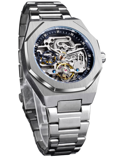 HOTFORSINING Vintage Watch for Men Engraved Automatic Self-Wind Mechanical Big Dial Luminous Moon Phase Golden Hollow Tattoo Pattern Wrist Watches, Mechanical