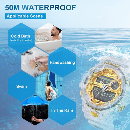 HOTPINIDOUS Mens Watch for Men Digital Sport Watch Transparent Gold Watches Waterproof Watches with 3 Alarms/Countdown/Stopwatch/Digital-Analog/Dual Time/Light/Military Multifunctional Wrist Watch
