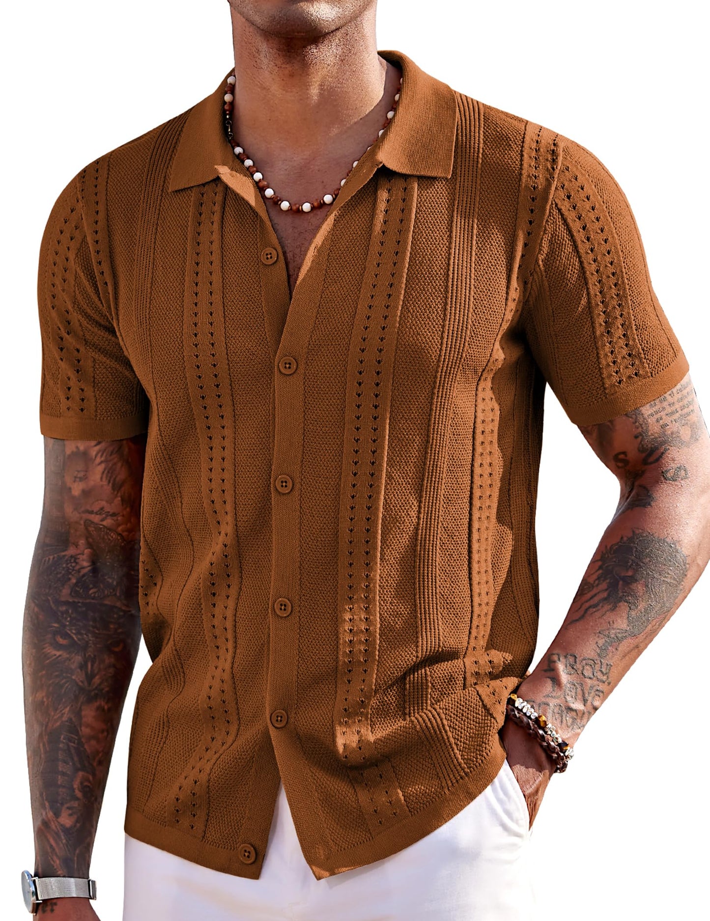 HOTCOOFANDY Men's Knit Shirts Short Sleeve Button Down Polo Shirt Fashion Casual Summer Beach Shirts