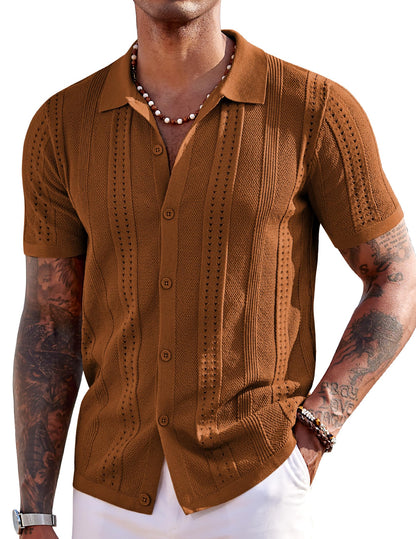 HOTCOOFANDY Men's Knit Shirts Short Sleeve Button Down Polo Shirt Fashion Casual Summer Beach Shirts
