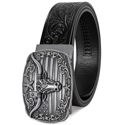 HOTSANSTHS Western Cowboy Ratchet Belts for Men Women Leather Cowboy Belt with Automatic Western Buckle for Jeans Gifts