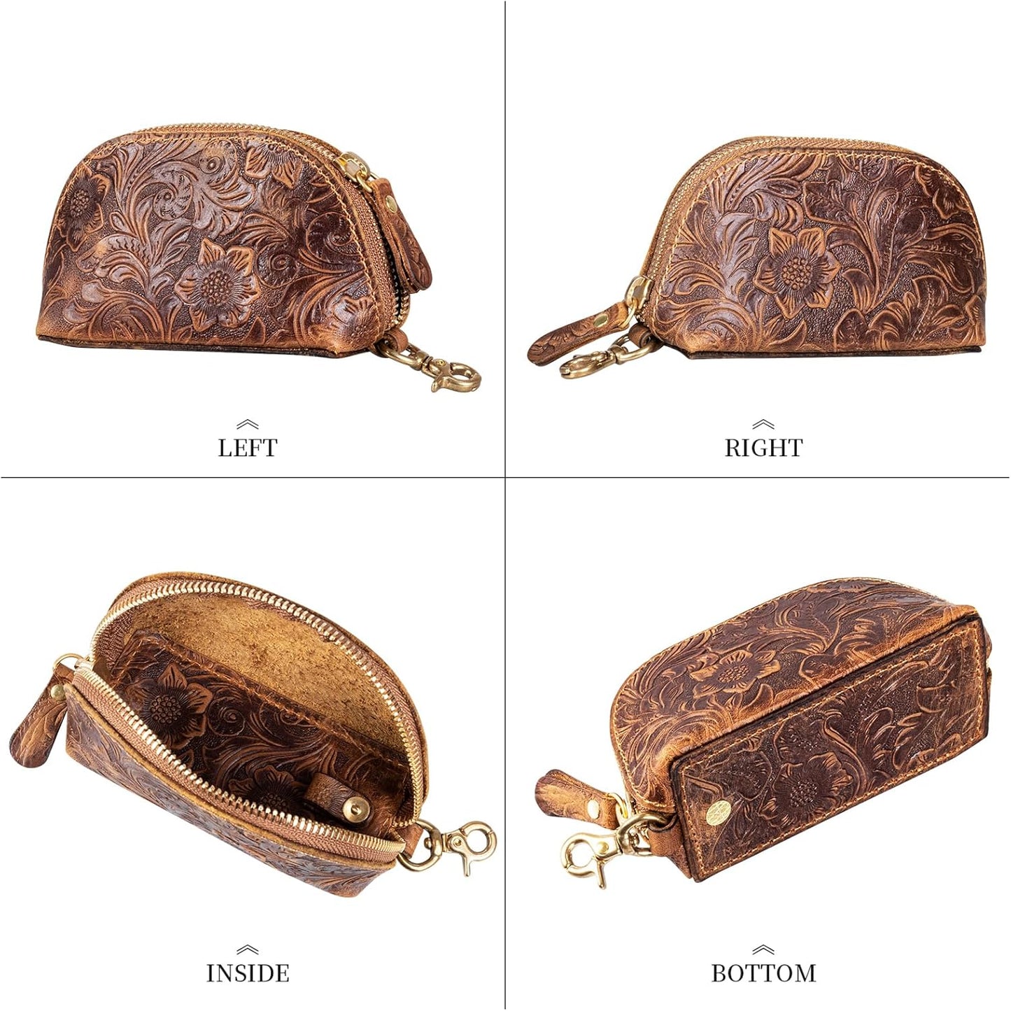 HOTGexmil Genuine Leather Coin Purse with Zipper, Mini Coin Pouch | Full Grain Leather Bag for Women Men,Change Wallet,Zipper Closure,Earbuds Chargers Cables,Floral Brown