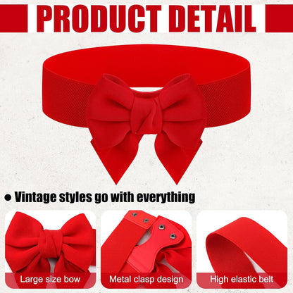 HOT3 Pcs Bow Belts for Women Red Bow Belt | Elastic Waist Belt Vintage Bowknot Stretchy Cinch Belt