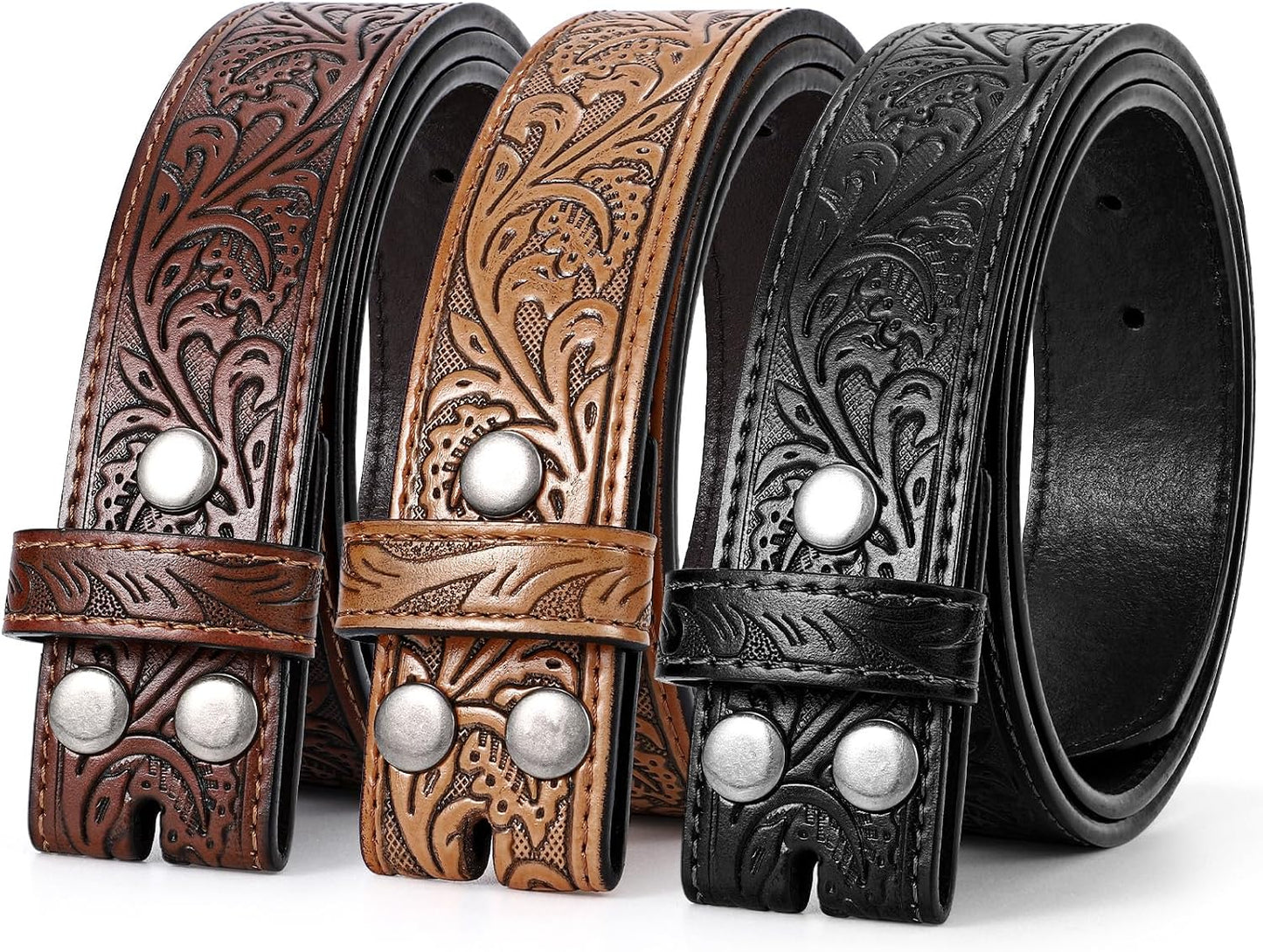 HOTSANSTHS 3 Pack Western Belts for Men Woman without Buckle, Cowgirl Cowboy Belt for Buckle Western Leather Belt for Jeans | Embossed Genuine Leather, 1.5" Wide Belt, 3 Snap Buttons, Classic Cowboy Style, for Western buckle Rodeos Costume Party Gifts