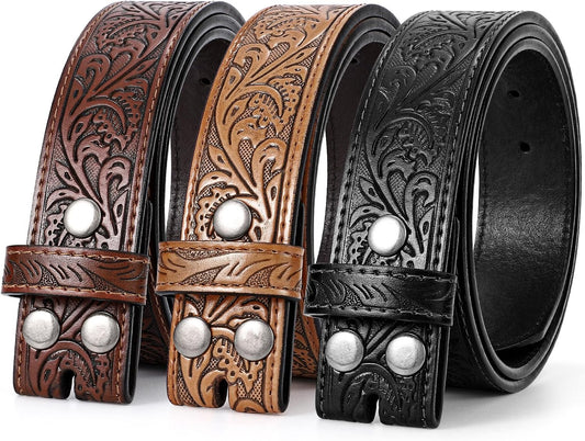 HOTSANSTHS 3 Pack Western Belts for Men Woman without Buckle, Cowgirl Cowboy Belt for Buckle Western Leather Belt for Jeans | Embossed Genuine Leather, 1.5" Wide Belt, 3 Snap Buttons, Classic Cowboy Style, for Western buckle Rodeos Costume Party Gifts