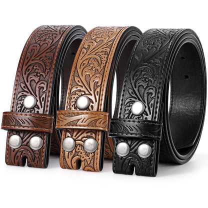 HOTSANSTHS 3 Pack Western Belts for Men Woman without Buckle, Cowgirl Cowboy Belt for Buckle Western Leather Belt for Jeans | Embossed Genuine Leather, 1.5" Wide Belt, 3 Snap Buttons, Classic Cowboy Style, for Western buckle Rodeos Costume Party Gifts