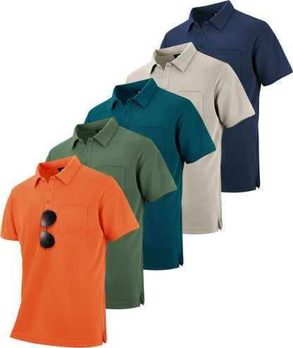 HOTZITY 5 Pack Polo Shirts for Men with Pocket Dry Quickly Short Sleeve Athletic Outdoor Work Collared Shirts
