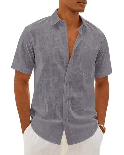 HOTMens Linen Textured Shirt Cotton Short Sleeve Summer Button Down Shirts | 100% Cotton, Linen-look Texture, Casual Wear, Breathable Feel, Lightweight, Untucked, Regular Fit, Beach, Vacation, Resort