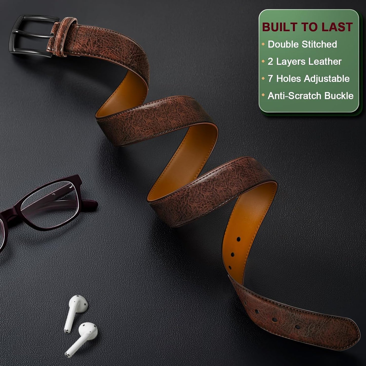 HOTBULLIANT 2-Pack Leather Belt for Men 1 3/8"-7 Eyelets-Gift Boxed | 7 Grommets Adjustable Range | Versatile for Golf Dress Casual Jeans