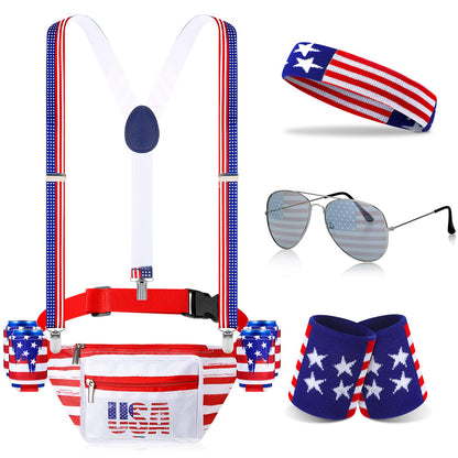 HOTTallew 9 Pcs 4th of July Fanny Pack American Flag Overalls 250 Years Patriotic American Flag Fanny Pack Beer Belt Suspenders Drink Holder Headband Wristband(Classic Style)